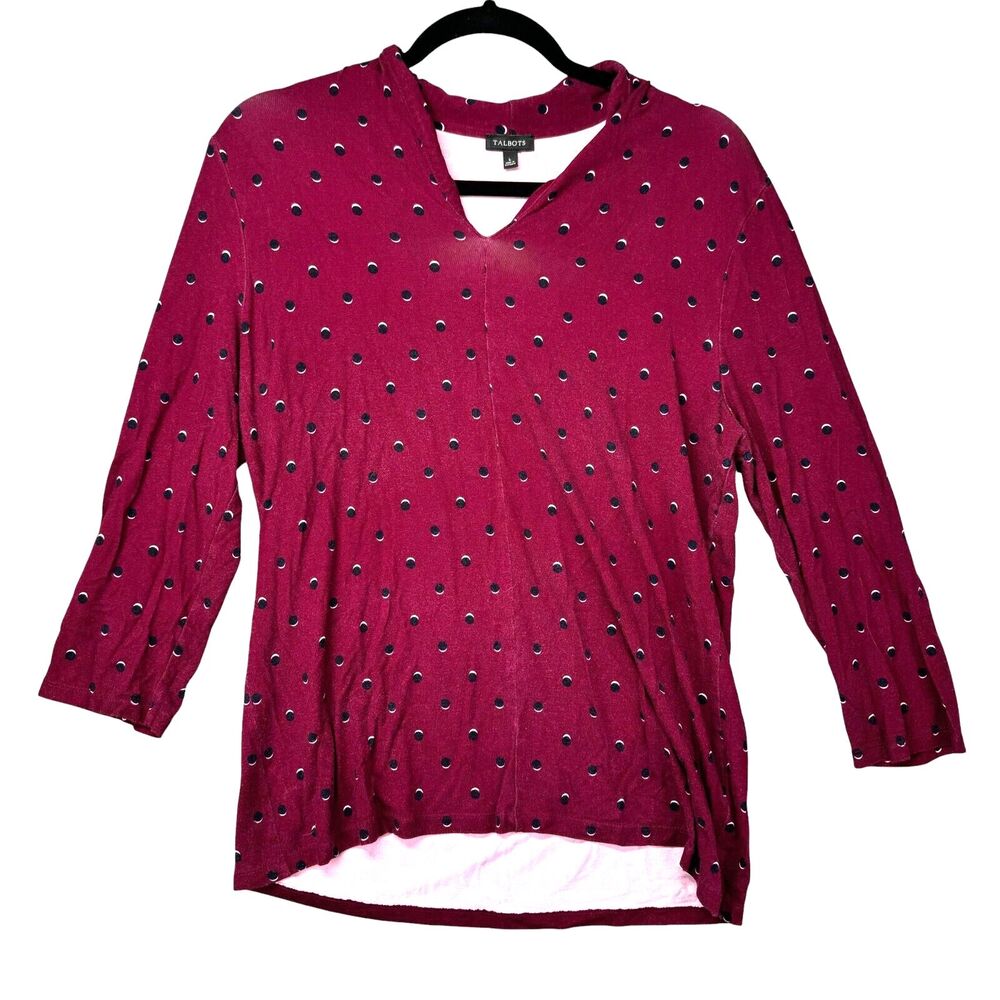 TALBOTS Top Women's Large Red Polka Dot Stretch 3/4 Sleeve V-Neck Rayon Blouse